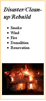 Disaster/clean-up: Smoke, Wind, Fire, Demolition, Renovation